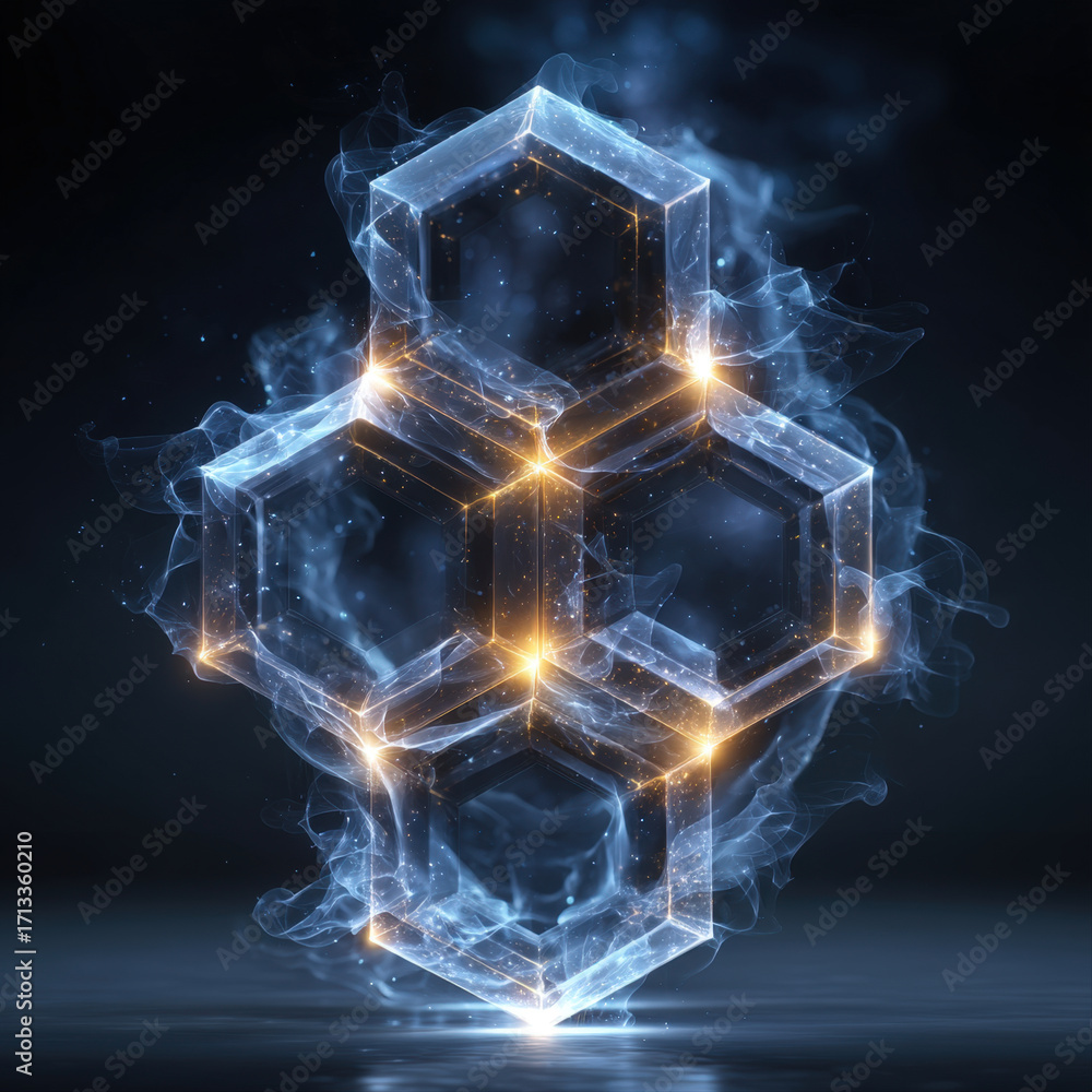 Poster luminous hexagonal crystal structure symbolizing teamwork, strength, and unity