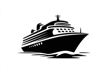 Fototapeta premium Minimalist Black and White Cartoon Cruise Ship Illustration - Travel, Vacation, Cruise, Ocean, Minimalist Design