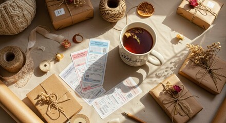 Cozy Still Life: Gifts, Tea, and Vintage Ephemera in Warm Sunlight