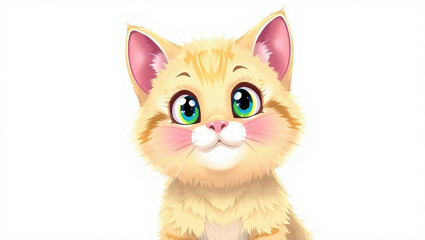 Cute Cartoon Kitten with Orange Fur and Bright Eyes: Playful Feline Art Illustration with Whiskers and Adorable Expressions in Animated Style For Pet Lovers