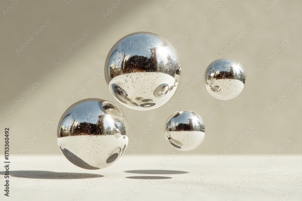 Poster shiny metallic spheres floating above a neutral surface with soft shadows in abstract art