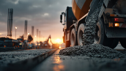 Cement mixer truck pouring concrete into foundation at construction site