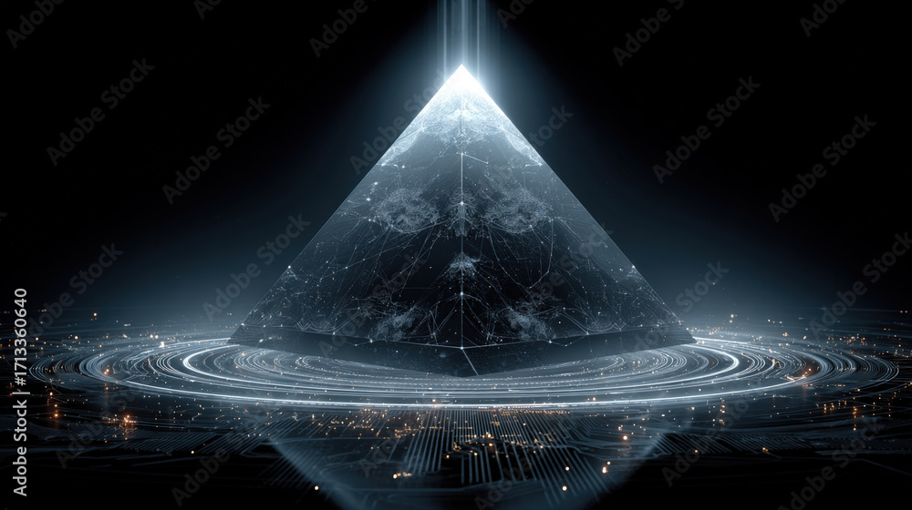 Poster holographic fractal pyramid with glowing circuit patterns floating in dark space
