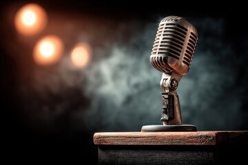 Golden vintage microphone on black glossy podium with smoky spotlight background