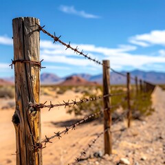 Desert fence line under blue sky