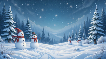 Fototapeta premium Serene winter landscape adorned by three jolly snowmen and frost-kissed trees. Frost-Kissed Symbols. Illustration