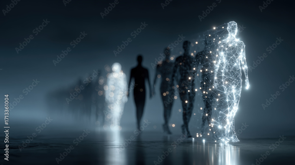Poster abstract ai neural network forming human silhouette leading glowing nodes in teamwork concept