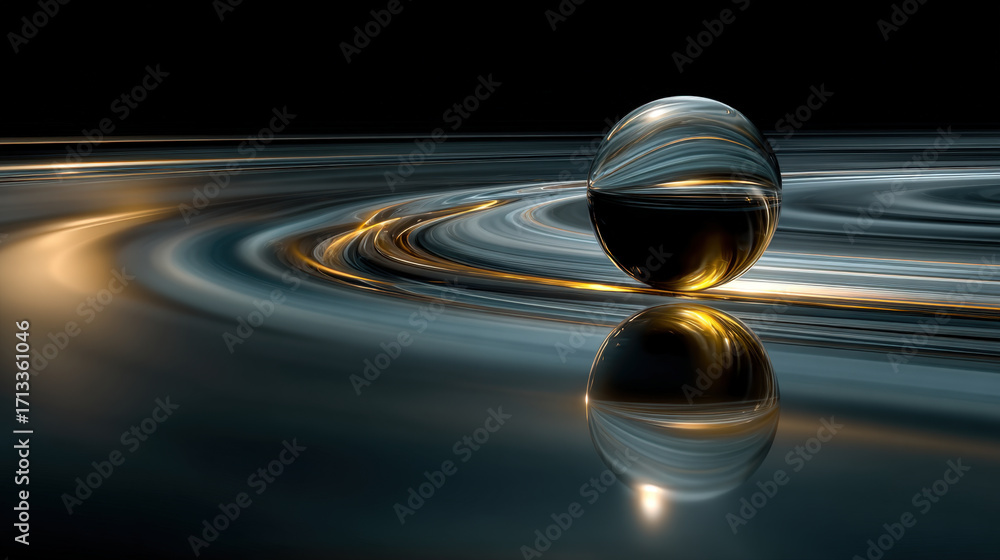 Poster surreal glowing water sphere floating in dark void with futuristic liquid abstraction