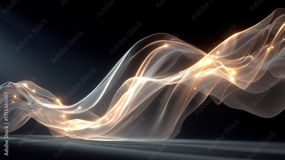 Poster luminous fog waves flowing over a minimal dark landscape with abstract airy atmosphere
