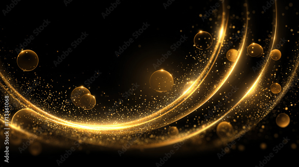 Poster abstract golden circles with glowing edges floating in dark space with sparkling particles