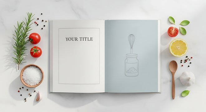 Open Cookbook Mockup with Fresh Ingredients for Culinary Inspiration.