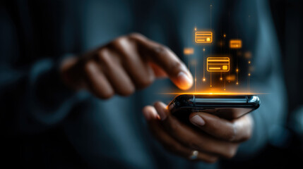 Close-up of hands holding smartphone with glowing digital wallet interface, fintech concept