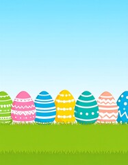 Colorful easter eggs sit in a row on a grassy field against a light blue sky.