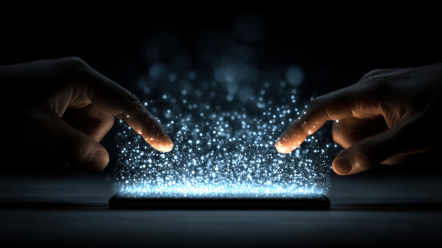Two hands exchanging smartphone with glowing digital screen for payment confirmation