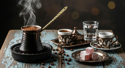 Traditional Turkish coffee set with cezve pot, cups, water, and sweets on rustic table 
