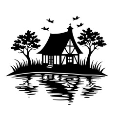 house on the water, house, home, vector, illustration, building, landscape, winter, cartoon, tree, estate, nature, cottage, village, architecture, snow, drawing, roof, summer, real, property, night, i