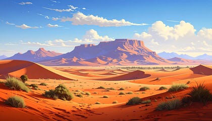 Naklejka premium A vibrant landscape of a desert valley, showcasing rolling sand dunes and a majestic mountain range under a bright, sunny sky.