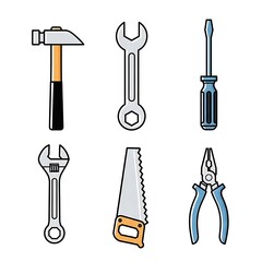 Fototapeta premium Essential hand tools collection including hammer, wrenches, screwdriver, saw, and pliers for repair