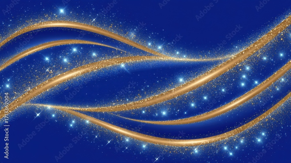 Poster golden glitter waves with sparkles on deep blue background for elegant and festive design projects a