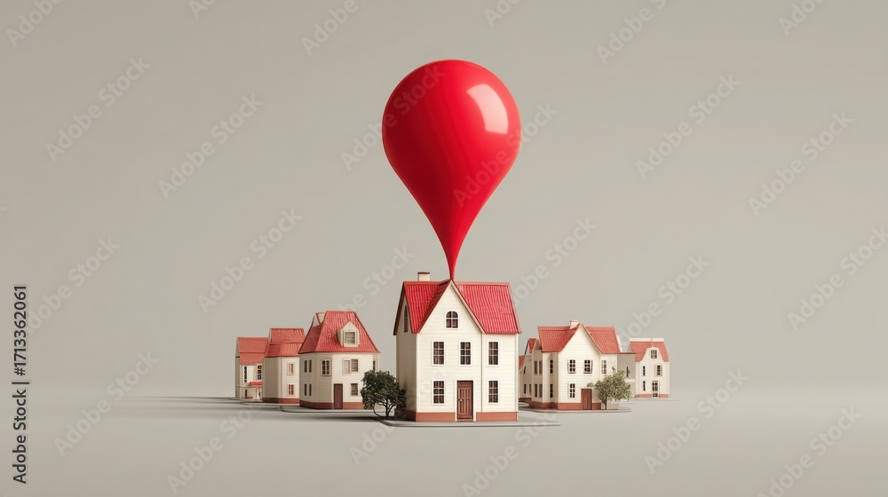 Poster house decorated with a red balloon symbolizing local remote work program and inviting cities for pro
