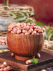 Freshly Harvested Peanuts in Wooden Bowl - Raw Organic Groundnuts Agriculture Crop Display