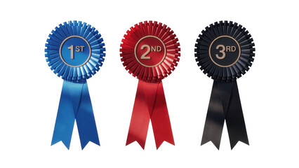 Three award rosettes in blue red and black with first second and third place ribbons isolated on transparent background