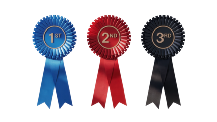 Three award rosettes in blue red and black with first second and third place ribbons isolated on transparent background