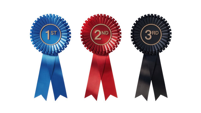 Three award rosettes in blue red and black with first second and third place ribbons isolated on transparent background