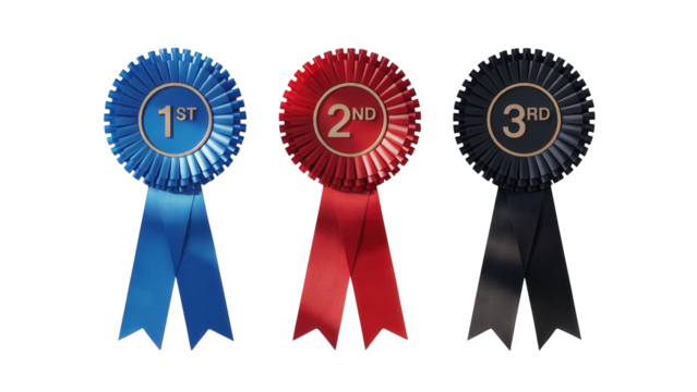 Three award rosettes in blue red and black with first second and third place ribbons isolated on transparent background