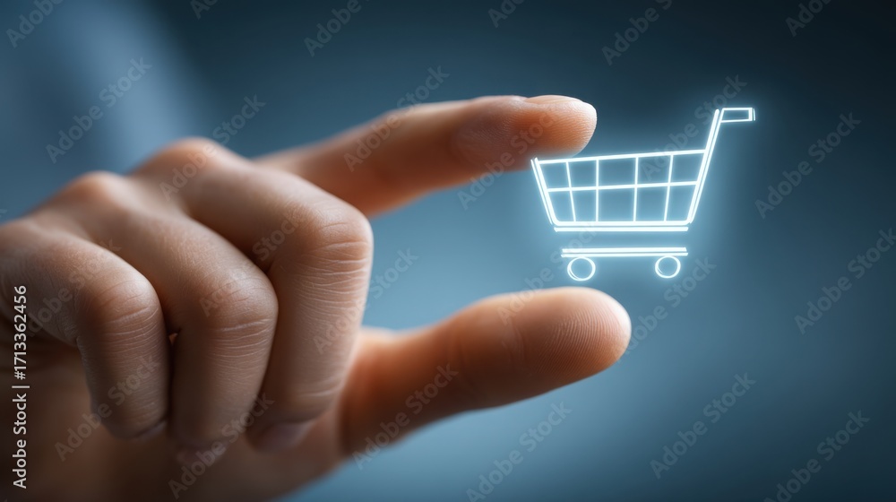 Poster a hand pushing a shopping cart in a dynamic gesture illustrating the user-friendly features of mobil