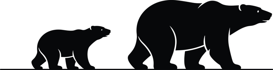 Polar bear silhouette, wildlife illustration, Arctic animals, parent and cub, black and white, minimal design, nature, walking, tundra, cold