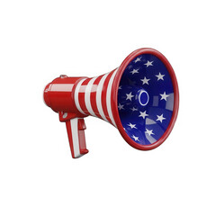 3d patriotic megaphone with american flag design on transparent background