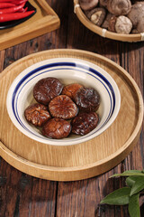 Fresh Shiitake Mushrooms in Bowl on Wooden Tray - Edible Cooking Ingredients