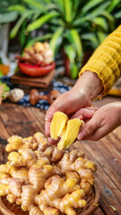 Fresh Yellow Ginger Root in Hands - Organic Spice Ingredient Close Up