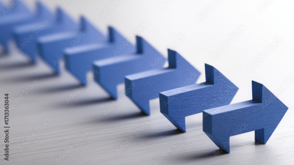 Poster a row of blue arrows illustrating direction and flow in market logic with a clean and modern aesthet