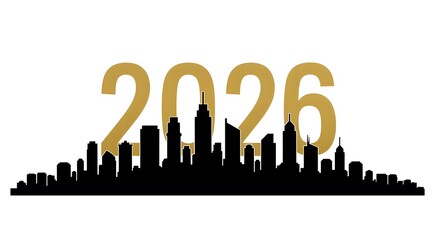 Urban Skyline in 2026: A sleek silhouette of a futuristic cityscape, with the year 2026 elegantly superimposed, presenting a visionary glimpse of the future of architecture and urban planning.