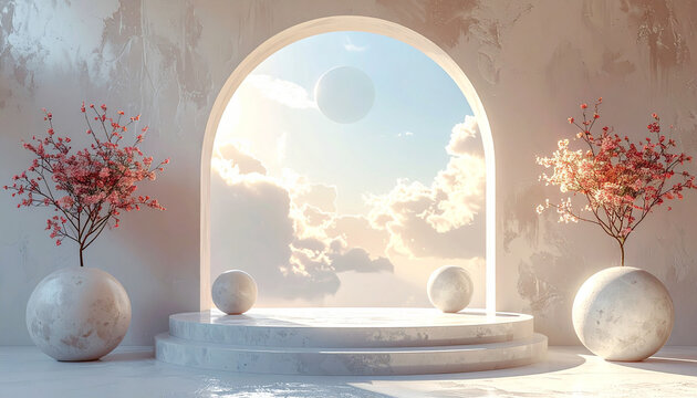 A serene interior scene with an arched opening revealing a cloudy sky and celestial bodies.