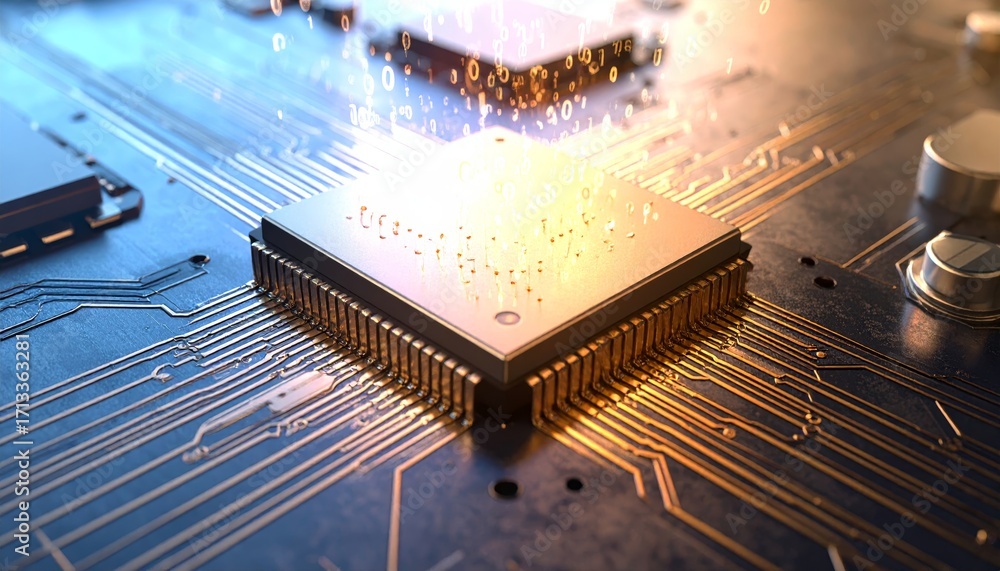 Aufkleber close-up view of microchip with sparks and circuit board elements