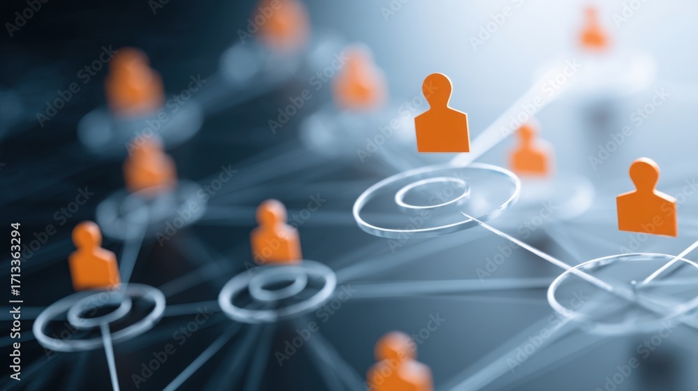 Poster a network of orange people representing community and connection in a creative and abstract visual r