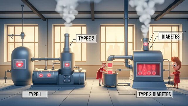 A factory metaphor illustrating the difference between Type 1 and Type 2 diabetes, showing how the body processes sugar