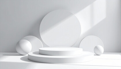 Minimalist white geometric display;  sunlit cylindrical and spherical forms create a clean, modern product presentation.