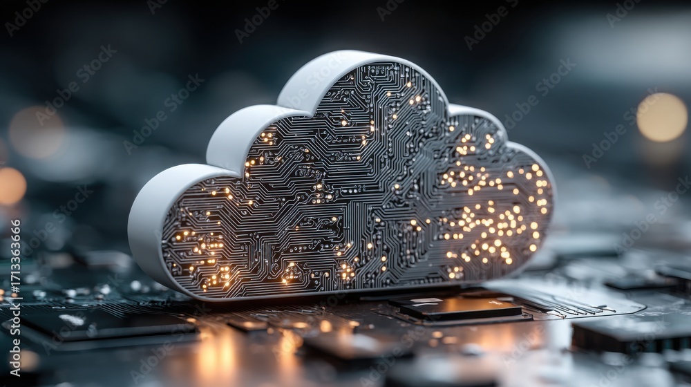 Poster cloud shaped like a circuit board representing predictive cloud economics for scalable financial sol