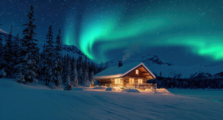 Aurora Borealis Over Snowy Cabin: Northern Lights Illuminate Winter Landscape and Starry Night in Wilderness Retreat