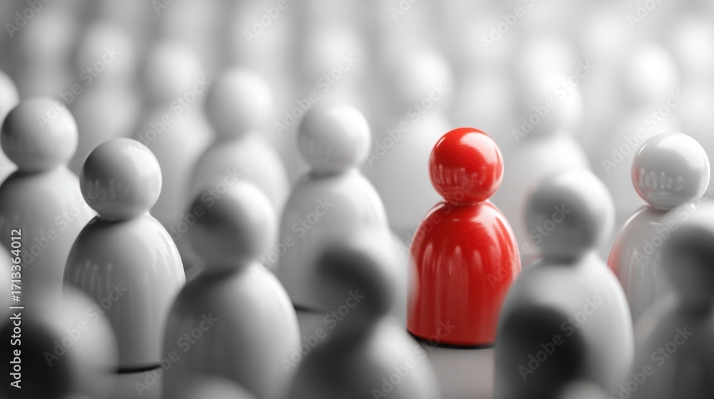 Poster individual person in red standing out from a crowd to illustrate predictive segmentation and audienc
