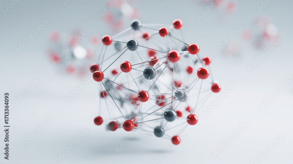 Poster molecule with red and white spheres representing wealth node concept and data-driven accumulation in