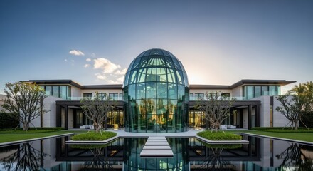 Obraz premium Extraordinary residential architecture featuring a glass dome reflecting serene water features