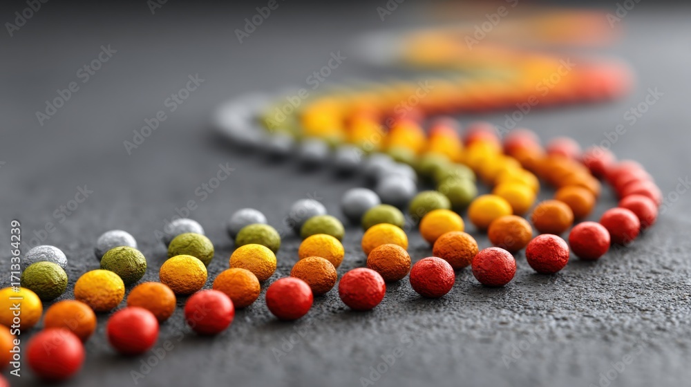 Poster a colorful bunch of candies representing quantitative trade patterns and statistical randomness in i