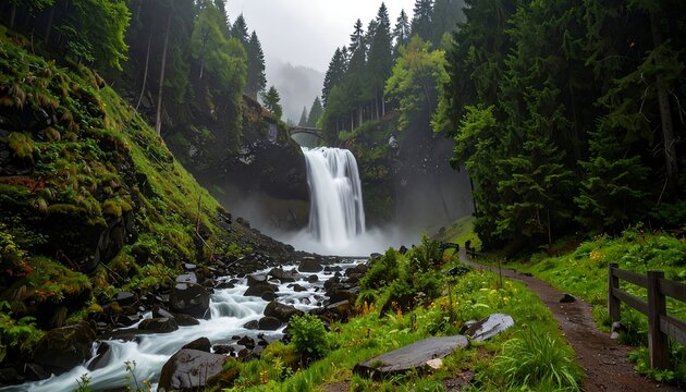 Misty waterfall cascading into a rocky gorge, lush green forest surrounds - Powered by Adobe