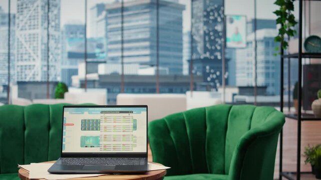 Empty urban enterprise high end office designed for a person with authority, analytics and profit trends running on screen. Modern global corporation workspace, business success.