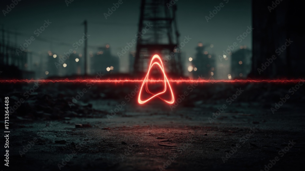 Poster glowing red neon triangle signaling quantum opportunities in fast signal detection and financial ins